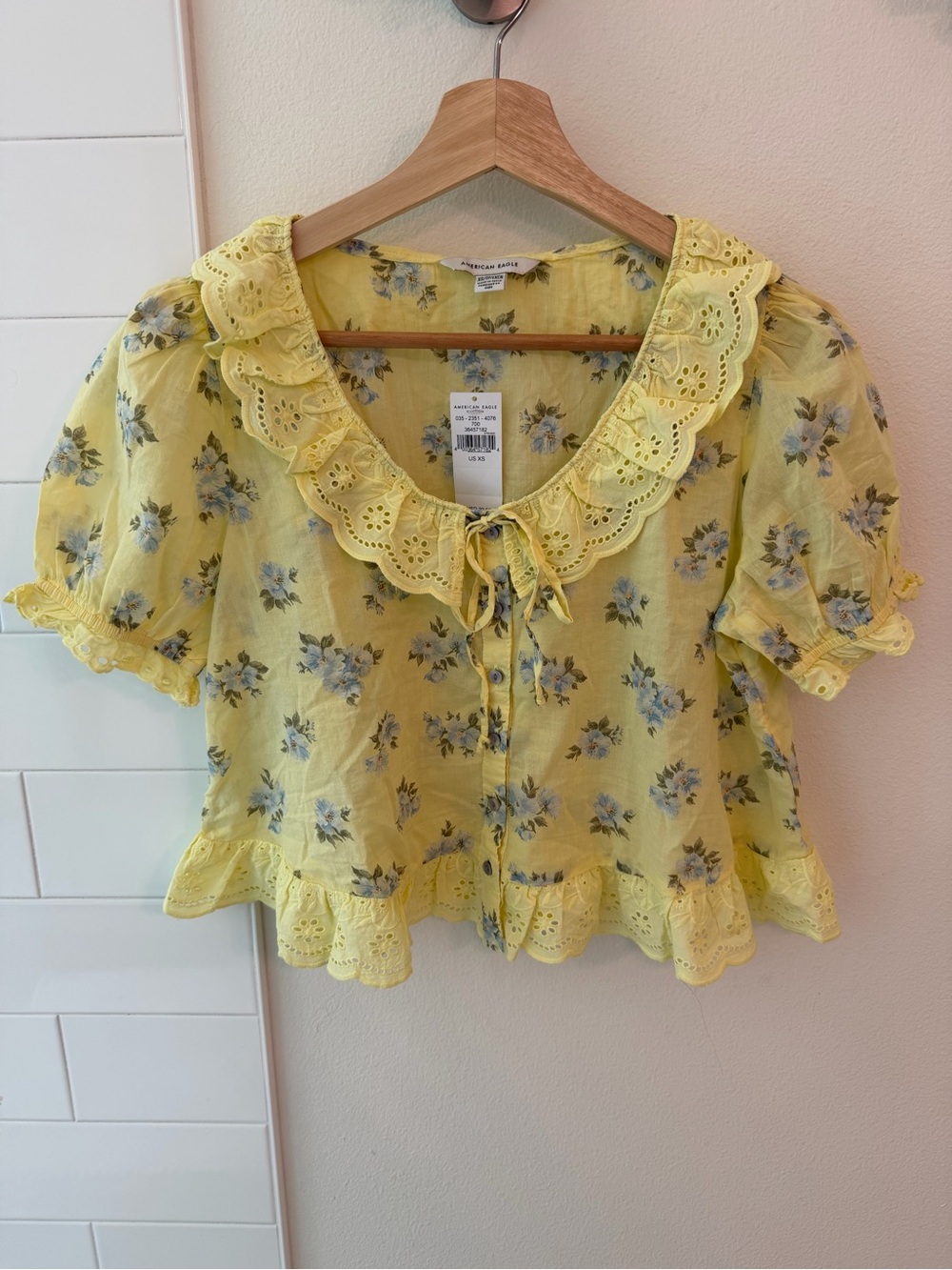 American Eagle Outfitters Yellow Floral Eyelet Tie-Front Blouse